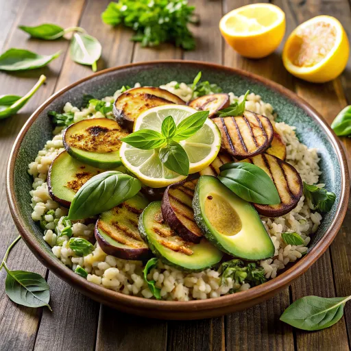 ข้าวกล้องอบมะเขือม่วงย่างและซอสอะโวคาโด